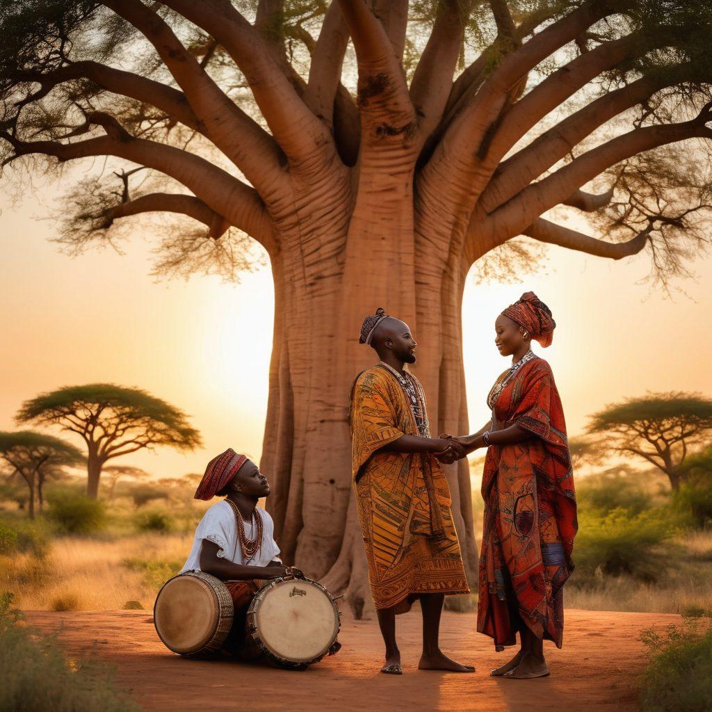 A vibrant scene depicting a serenade under a giant baobab tree, an African couple dressed in traditional attire sharing a heartfelt moment amidst a glowing sunset. Surround them with lush landscapes and wildflowers, with subtle tribal patterns in the background. Include elements like wooden carvings and drums to highlight cultural richness. painting. vibrant colors.