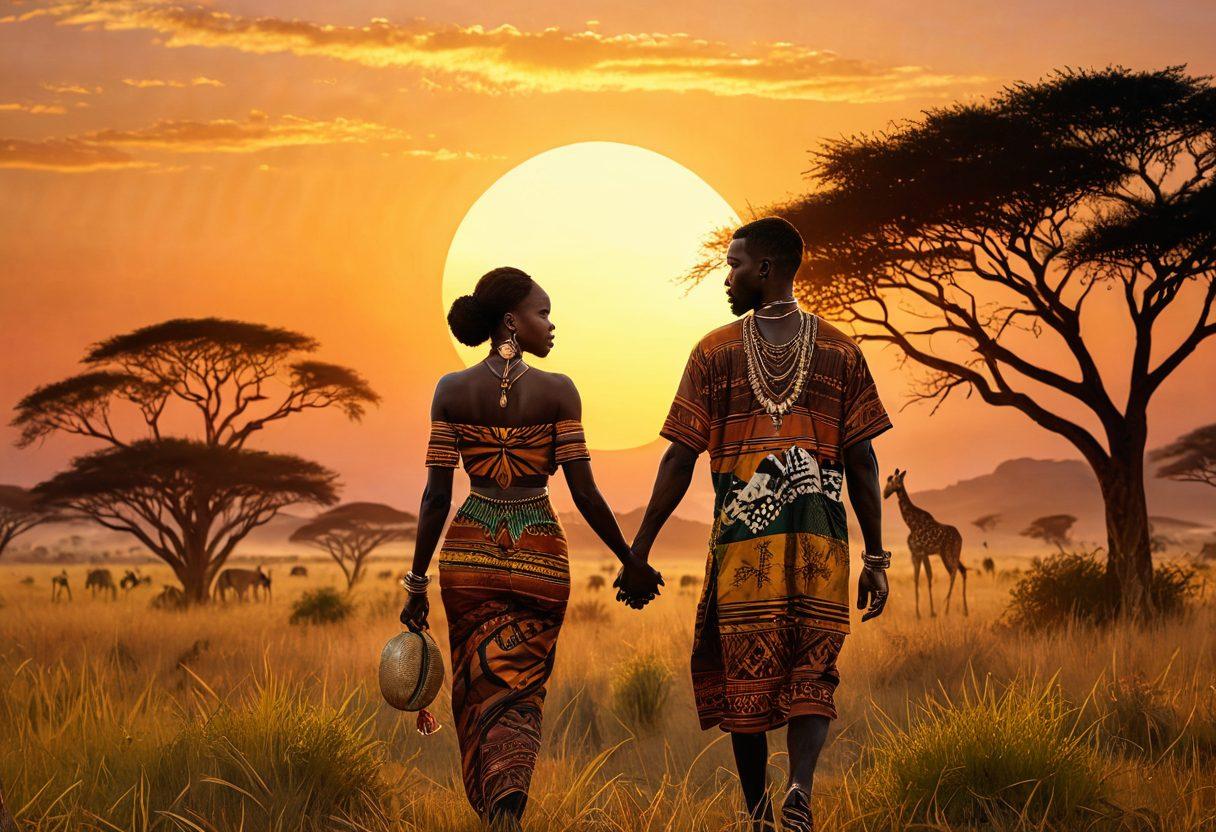 A vibrant African landscape featuring a romantic sunset over a grassy savannah, with a silhouette of a diverse couple holding hands, traditional African jewelry, and patterns subtly embedded in the scenery. Super-realistic. Vibrant colors. Warm, golden tones.