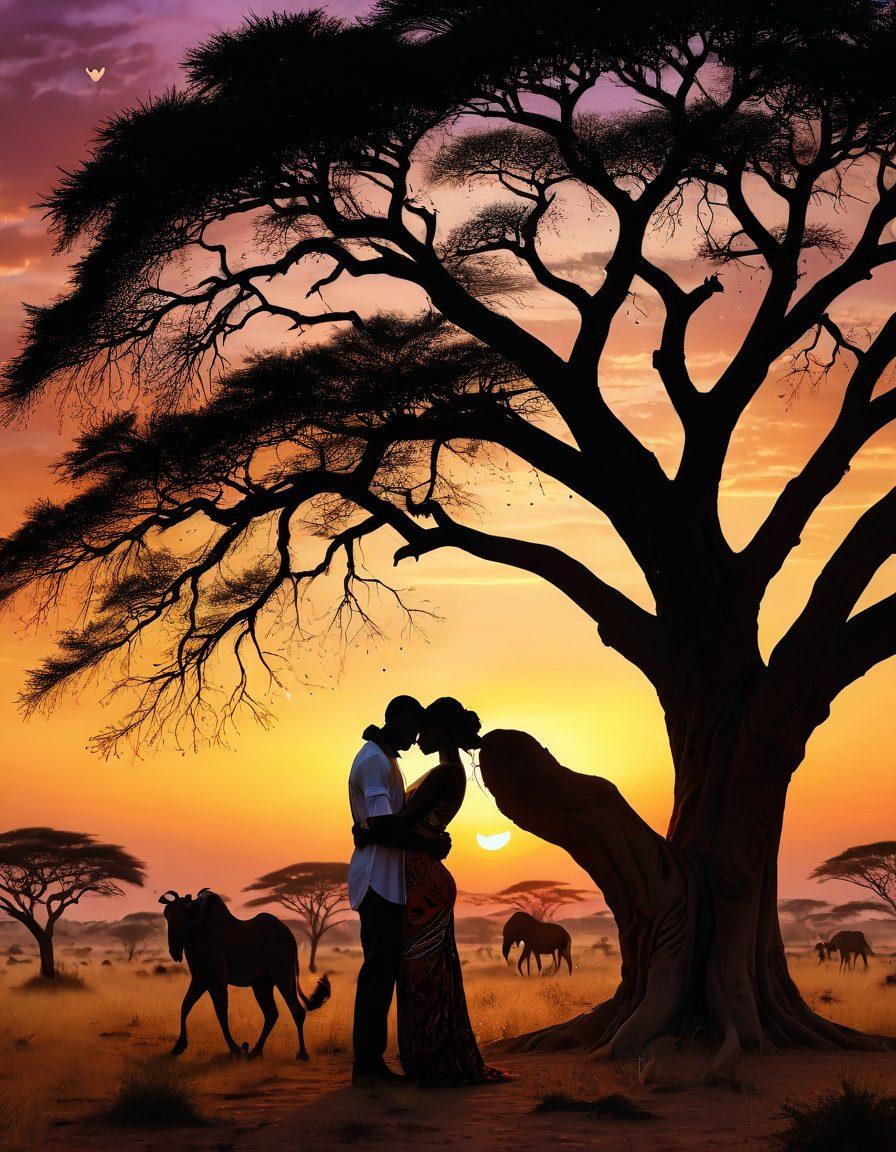 An intimate African landscape at dusk with a couple embracing under a large acacia tree, hearts glowing softly around them. Sensual yet tasteful attire, picturesque savannah scenery, and African cultural elements such as traditional jewelry. A mix of warm, earthy colors highlighting the romantic and passionate atmosphere. painting. vibrant colors.